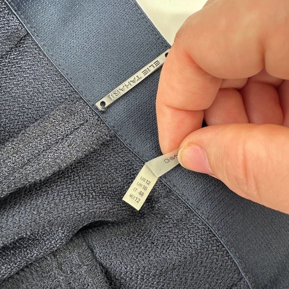 Elie Tahari wide leg shimmer knit woven slacks smokey blue elastic waist size 12 - Picture 8 of 16